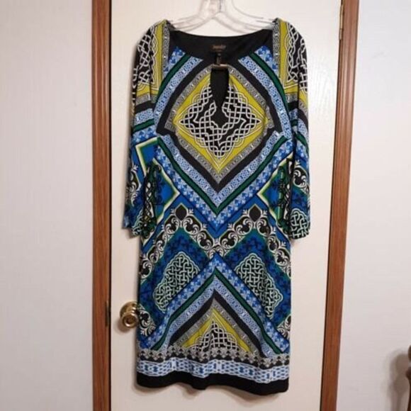 Laundry by Shelli Segal Sz Medium Jersey Shift Dress Blue Green Keyhole Neck - Picture 3 of 10